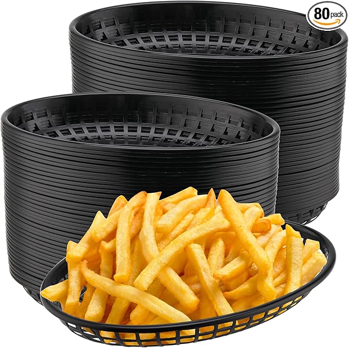 80 Pack 9x5.7x1.6 Inch Black Plastic Fast Food Baskets, Restaurant Serving Basket, Oval Fast Food Serving Baskets for Picnic, Deli Serving, Chicken, Burgers and Fries