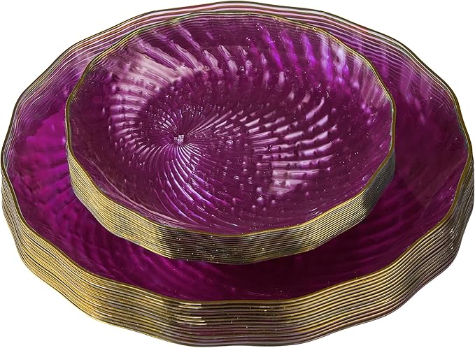 PLASTICPRO 60 Pack Plastic Plates Set of 30-10 inch Plates and 30-7 inch Plate, Elegant Clear Purple Spiral and Gold Rim Disposable Fancy Plate Premium Heavyweight