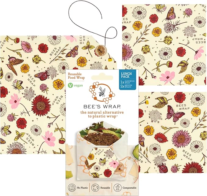 Bee's Wrap Vegan Beeswax Wraps for Food - Vegan Meadow Magic 3 Pack (2M 1 Sandwich) Made in USA Reusable & Organic Food Wraps, Sandwich Wrap - Eco-Friendly Alternative to Aluminum Foil & Plastic Wrap