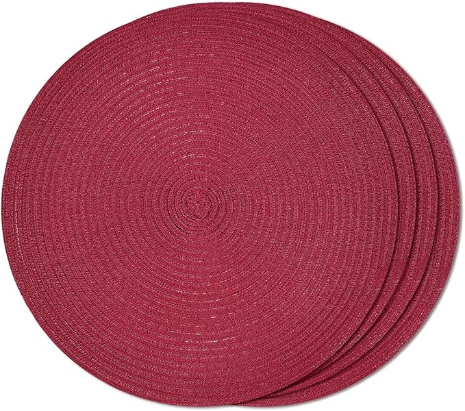 FunWheat Round Braided Placemats Set of 4 Place mats for Dining Tables Woven Heat Resistant Table Mats 15 inch (Wine,4pcs)