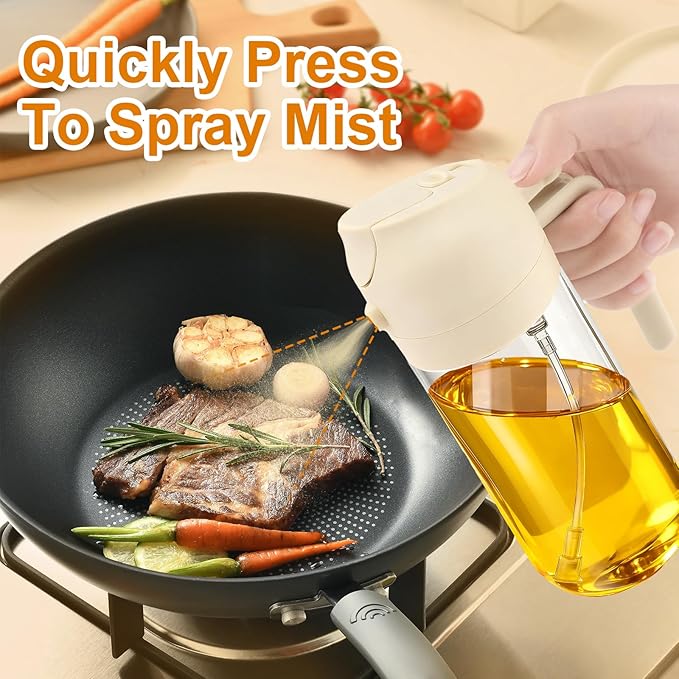 Glass Olive Oil Sprayer for Cooking, Oil Dispenser Bottle for Kitchen Gadgets, 2 in 1 Spray and Pour bottle, Home and Kitchen Essentials, Air Fryer Accessories for Salad, BBQ (16oz/470ml, White)