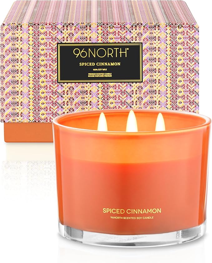 96NORTH Luxury Spiced Cinnamon Candle | Large 3 Wick Jar Candle | Up to 50 Hours Burning Time | 100% Natural Soy Wax | Relaxing Aromatherapy Aesthetic Candles | Housewarming Gift for Men and Women