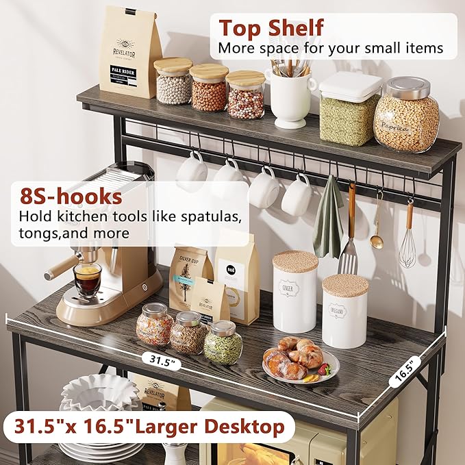 Furologee Kitchen Bakers Rack with Hutch,Coffee Stand with Storage 4 Tiers,Coffee Bar Station with a 31.5 Inch Larger Desktop and 8 S Hooks,Kitchen Microwave Rack for Spices,Pots,Rustic Brown