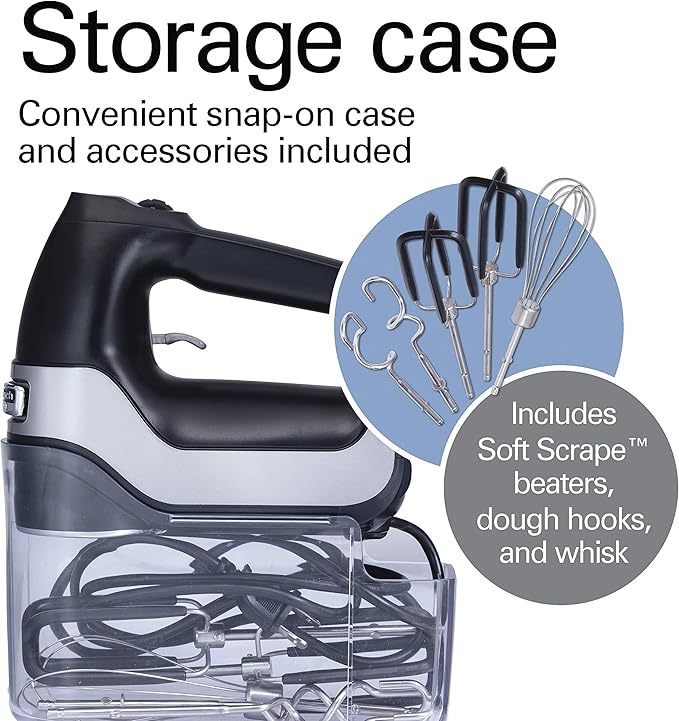 Hamilton Beach Professional 7-Speed Digital Electric Hand Mixer with High-Performance DC Motor, Slow Start, Snap-On Storage Case, SoftScrape Beaters, Whisk, Dough Hooks, Matte Black (62655)