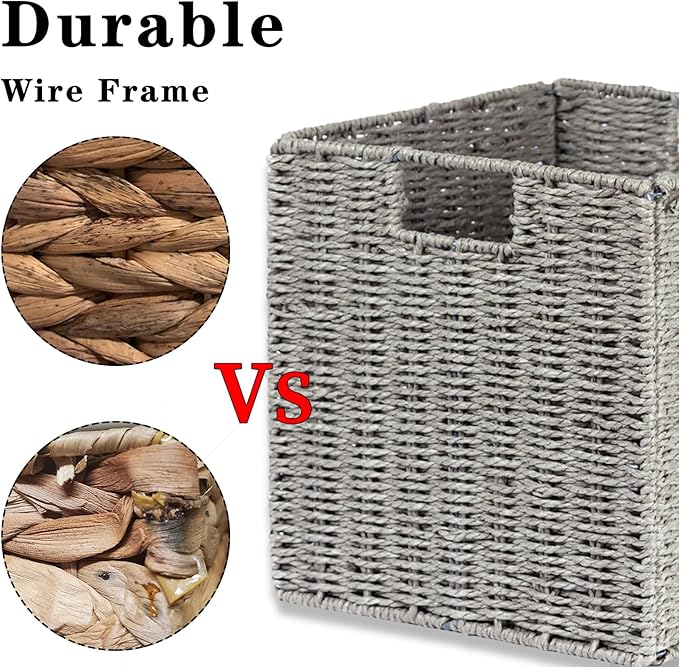 Vagusicc Wicker Basket, Set of 2 Hand-Woven Wicker Storage Basket, Foldable 11 inch Cube Storage Bins, Storage Baskets for Organizing Shelves, Closet Organizers and Storage Bins, Gray (11″×11″×11″)