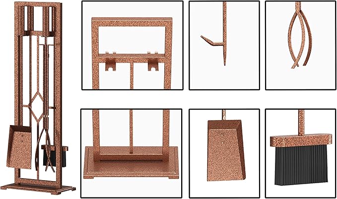Fire Beauty 5 Pieces Fireplace Tools Set Wrought Iron Fire Place Pit Poker Holder(Antique Bronze)