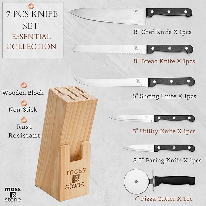 Moss & Stone 7-Piece Kitchen Knife Set with Block – Stainless Steel Serrated Kitchen Knives, High Carbon Blades, Small Cutlery Set for Home Cooking, Compact Countertop Small Knife Set Wood Block