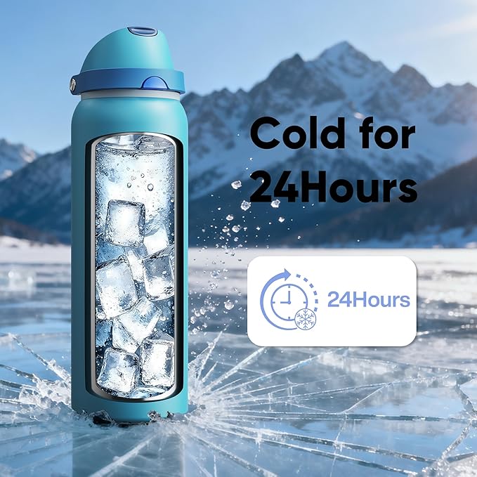 Insulated Water Bottle with Straw - Encool Stainless Steel Water Bottle with Push Button Lid, Leak-Proof & BPA-Free, Keeps Cold for 24 Hours for Sports, Travel, Gym (40 oz, Silk Blue)