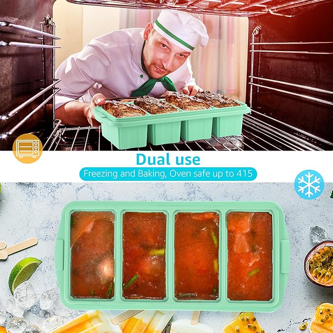 Silicone Freezer Tray With Lid - Silicone Freezer Food Molds- Large Ice Cube Tray,Silicone Freezer Container,Freeze & Store Soup, Sauce, Broth,Leftovers - Makes 4 Perfect 1 Cup