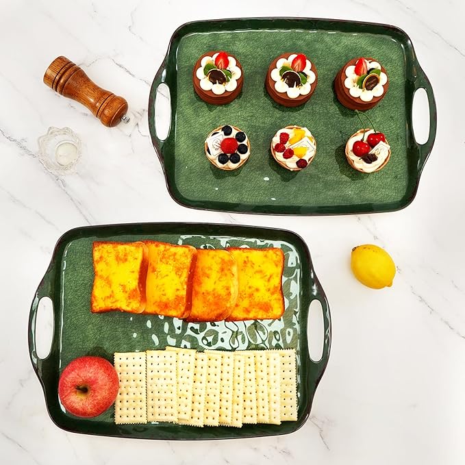 TP Serving Trays with Handles, 17 x 12 Inch Melamine Serving Platters for Food, Meat, Set of 2 Rectangular Trays for Eating, Retro Green