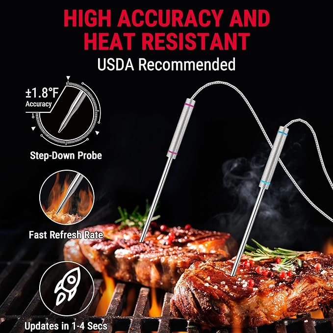 ThermoPro TP829 1000ft Wireless Meat Thermometer Digital for Grilling and Smoking, 4 Meat Probes Grill Thermometer for Outside Grill, BBQ Thermometer for Cooking Turkey Temperature Indicator