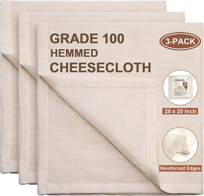 eFond Cheese Cloths, 3-Pack, 20x20Inch Squares with Hemmed Edges, Grade 100 Ultra Fine Reusable Cheesecloth for Straining, Unbleached Cotton Muslin Cloths for Cooking, Nut Milk, Butter & Baking