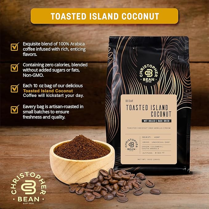 Christopher Bean Coffee - Certified Kosher - Decaf Ground Universal Drip Toasted Island Coconut Flavored Coffee| Flavored Coffee with Medium Roast 100% Arabica, No Sugar, No Fats, Non-GMO | 10-Ounce