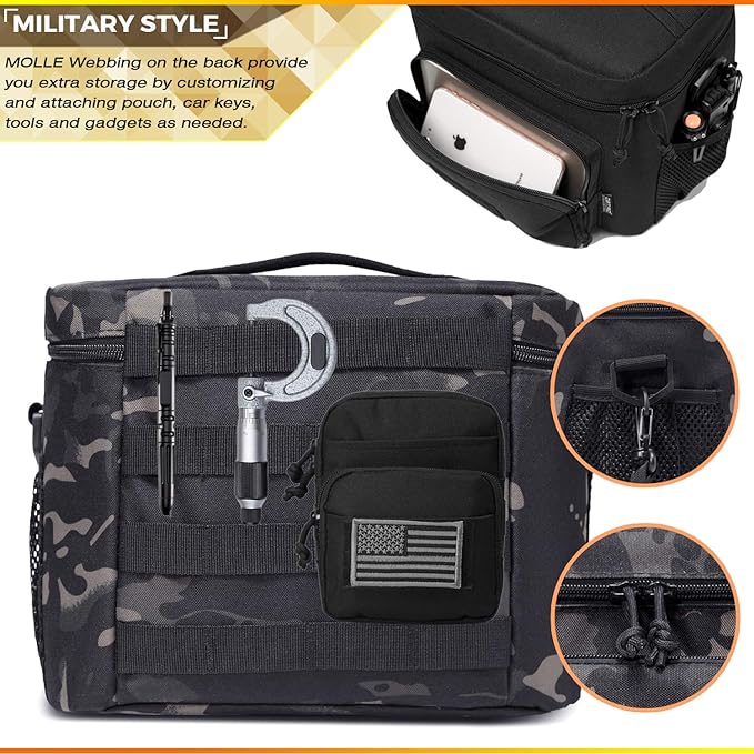 DBTAC Tactical Lunch Bag for Men Women, 12 Cans Insulated Lunch Box for Adult | 9L Leakproof Lunch Cooler Tote for Work Office Outdoor Travel | Soft Easy To Clean Liner x2, Black Camo