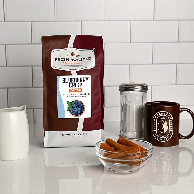 Fresh Roasted Coffee, Decaf Blueberry Crisp Flavored Coffee, 2 lb (32 oz), Medium Roast, Kosher, Whole Bean