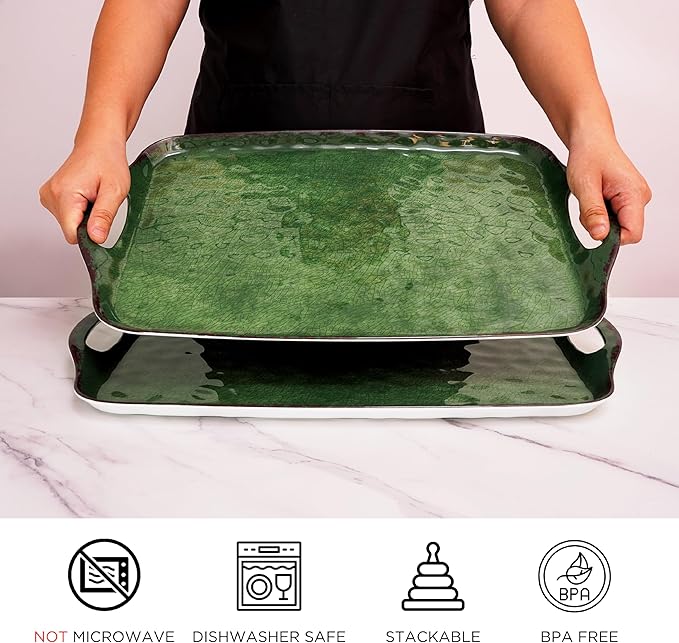 TP Serving Trays with Handles, 19 Inch Large Rectangular Melamine Serving Platter Set of 2, Retro Green
