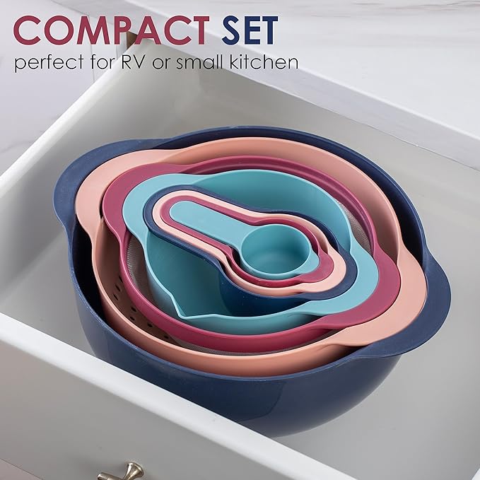 COOK WITH COLOR Nesting Bowls with Measuring Cups Colander and Sifter Set - Includes Mixing Bowls, Colander, Sifter and Measuring Cups, Navy, 8 Pc Bowl