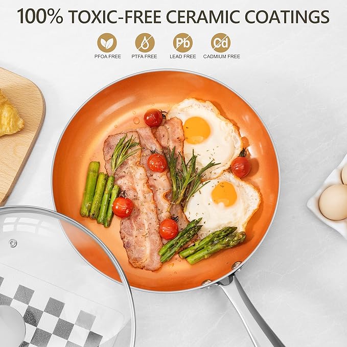 MICHELANGELO Frying Pan with Lid, Nonstick 8 Inch Frying Pan with Ceramic Titanium Coating, Copper Fry Pan with Lid, Small Fry Pan 8 Inch, Nonstick Fry Pans