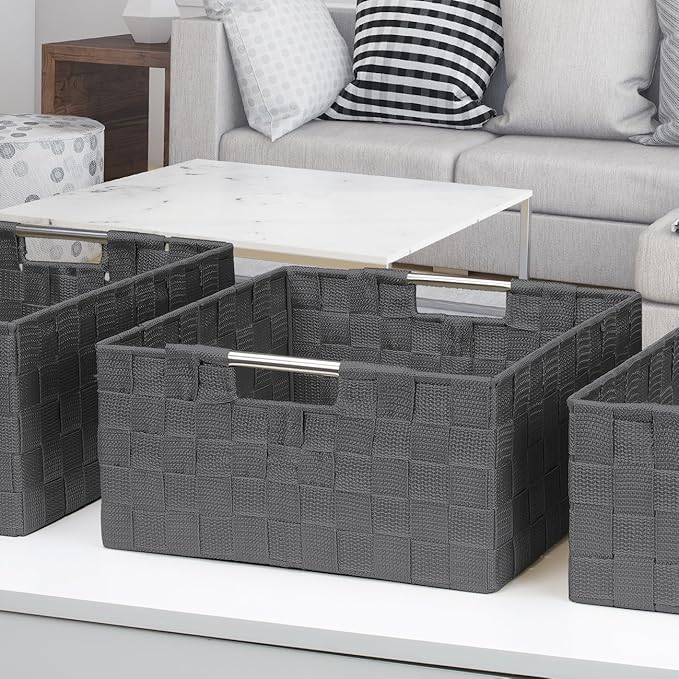 Sorbus Storage Box Woven Basket Bin Container Tote Cube Organizer Set Stackable Storage Basket Woven Strap Shelf Organizer Built-in Carry Handles (Gray)