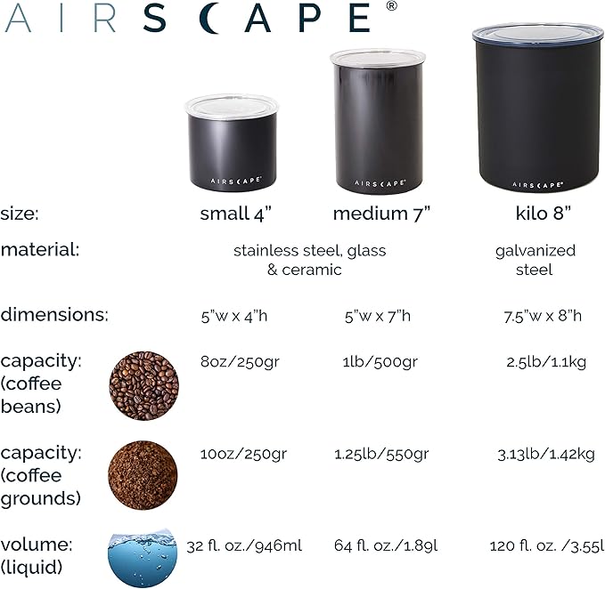 Planetary Design Airscape Stainless Steel Coffee Canister | Food Storage Container | US Patented Airtight Lid | Push Out Excess Air Preserve Food Freshness (Small, Brushed Steel)