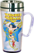 Spoontiques DC Comics Insulated Travel Mug, 14oz - Double Wall Stainless & Acrylic Drink Cup with Twist Top Lid & Handle - Wonder Woman