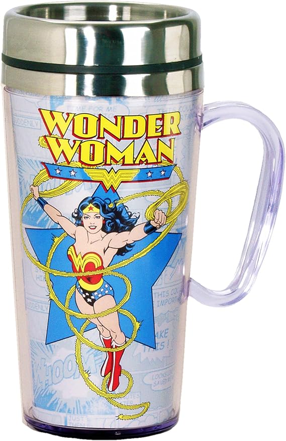Spoontiques DC Comics Insulated Travel Mug, 14oz - Double Wall Stainless & Acrylic Drink Cup with Twist Top Lid & Handle - Wonder Woman