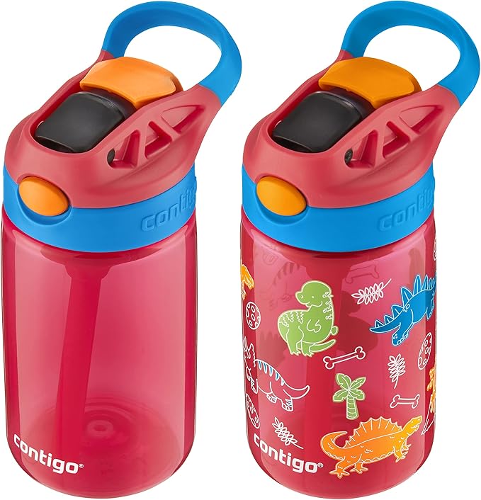 Contigo Aubrey Kids Water Bottle, 2-Pack, 14oz, Watermelon & Dinos, Spill-Proof Lid, Dishwasher Safe, BPA Free, Red and Blue