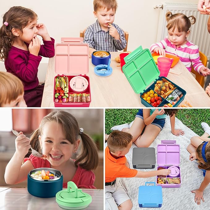 Bento Lunch Box for Kids with 8oz Soup Thermo,Kids Leakproof Lunch Food Containers with 4 Compartment,Kid Insulated Thermo Hot Food Jar for School,Trvael-Green