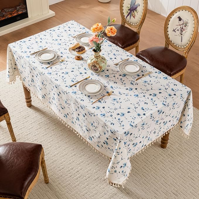 Round Tablecloth Pastoral Style, Waterproof & Stain Resistant Table Cloth Wrinkle Free Table Cover for Dining/Kitchen/Patio, Washable Indoor & Outdoor Use, 55"X55" Blue