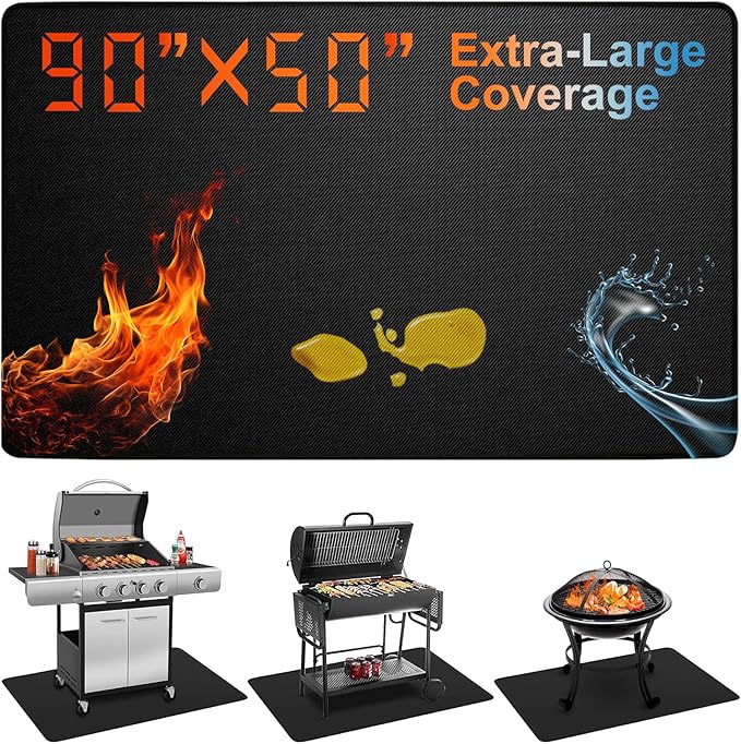 Extra Large 90 x 50 Inch Under Grill Mat for Outdoor Grill, Double-Sided Fireproof Deck & Patio Protector, Heat Resistant BBQ Mat, Waterproof & Oil-Proof for Charcoal, Gas Grill, Smoker, Fire Pit