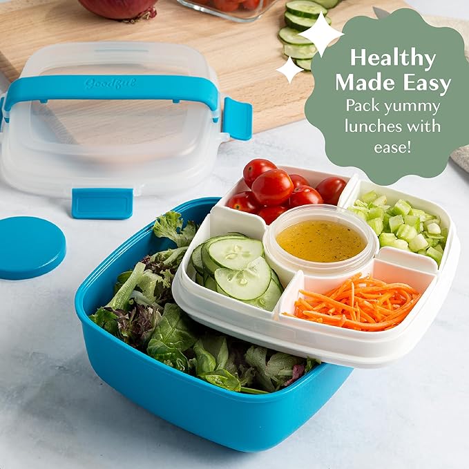 Goodful Stackable Lunch Box Container, Bento Style Food Storage with Removeable Compartments for Sandwich, Snacks, Toppings & Dressing, Leak-Proof and Made without BPA, 56-Ounce, Blue