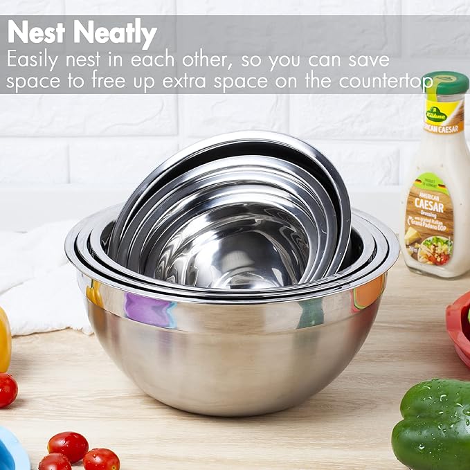 YIHONG Stainless Steel Mixing Bowls Set, 7 Piece Metal Mixing Bowls with Lids Set for Kitchen, Nesting Steel Mixing Bowls Ideal for Baking, Prepping, Cooking, and Serving Food(White)