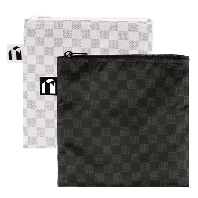 Roamio Reusable Sandwich and Snack Bags, for Kids School Lunch and for Adults Portion, Washable Fabric, Waterproof Cloth Zip Bag, Travel Pouch, Food-Safe Storage, Large 2-pk Black Check and Off White