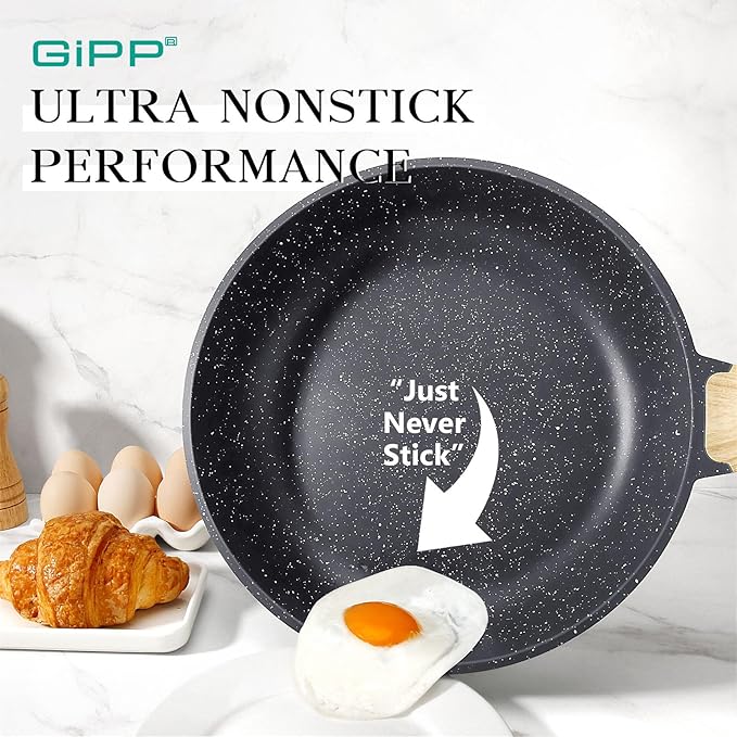 GiPP Non Stick Frying Pan Set - 8" 9.5" 11" Granite Nonstick Skillets, Non Toxic, Omelette Pan with Stay Cool Handle, Induction Compatible, PFAS/PTFE/PFOA Free, Grey