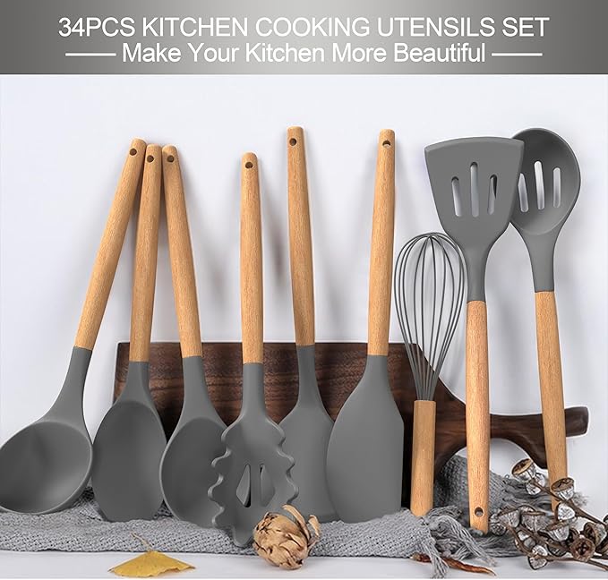 Silicone Cooking Utensils Set, 43Pcs Non-Stick Heat Resistant Kitchen Utensils Spatula Set with Wooden Handle for Baking, Cooking, and Mixing, Best Kitchen Gadgets Tools with Holder (Grey)