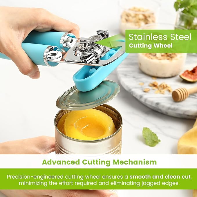 Spring Chef Stainless Steel Can Opener - Manual with Soft Grip Handles, Easy Turn, Heavy Duty Hand Can Openers for Seniors with Smooth Edge - Magnetic Lid Remover - Aqua Sky