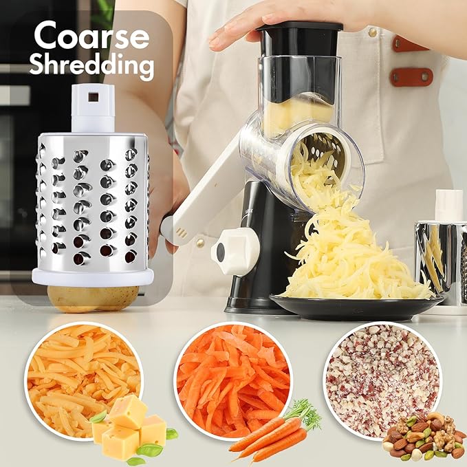 Cheese Grater Hand Crank, Rotary Vegetable Shredder with Handle and Strong Suction base, 3 in 1 Kitchen Speed Spin Veggie Slicer Nut Grinder for Pizza Top, Hash brown, Salad and More (Black)