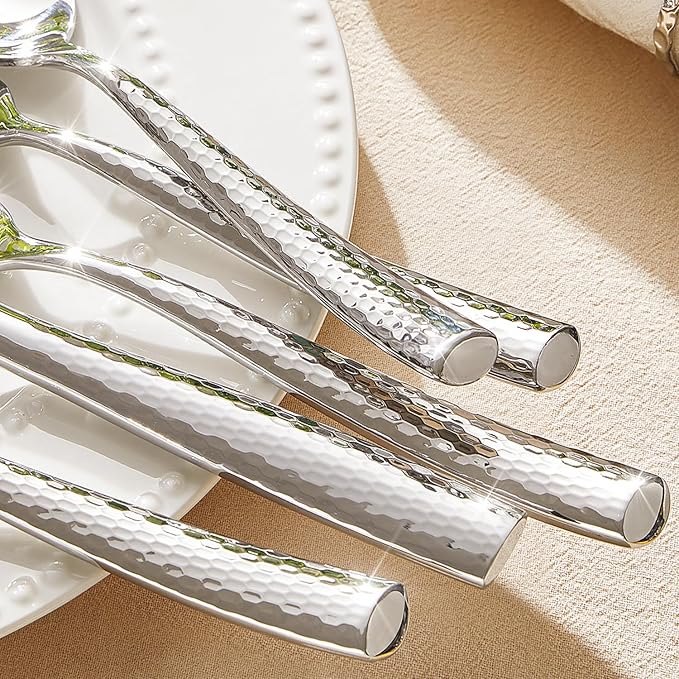 Kingstone Hammered Silverware Set, 20-Piece Flatware Set for 4, 18/10 Stainless Steel Heavy Duty Cutlery Set, Mirror Polished Utensil Sets for Home, Restaurant, wedding, Dishwasher Safe