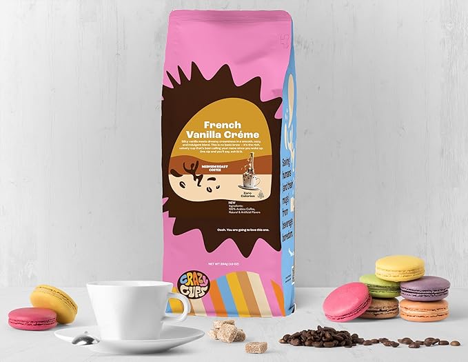 Crazy Cups Flavored Ground Coffee, French Vanilla Creme, in 10 oz Bag, For Brewing Flavored Hot or Iced Coffee