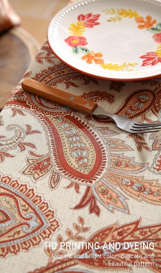 ISAENNE Designer French Red Extra Long Tablecloth Rectangle,Linen Table Cloth with Cashew Pattern,Stain Proof Decor Tablecloths for Dining Thanksgiving Kitchen Christmas,63"*110"-Chauffrey D