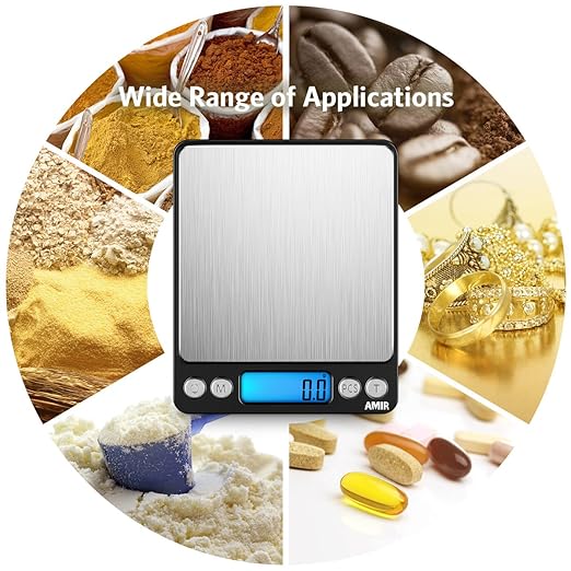 AMIR Digital Kitchen Scale, 3000g 0.01oz/0.1g Pocket Cooking Scale, Mini Food Scale, Pro Electronic Jewelry Scale with Back-Lit LCD Display, Tare & PCS Functions, Stainless Steel, Black