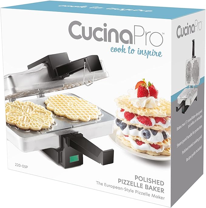 Pizzelle Maker- Polished Electric Holiday Baker Press Makes Two 5-Inch Cookies at Once- Christmas Baking Supplies for Party- Italian Dessert Treat Making with Recipe Guide- Cookie Swap Gift for Her