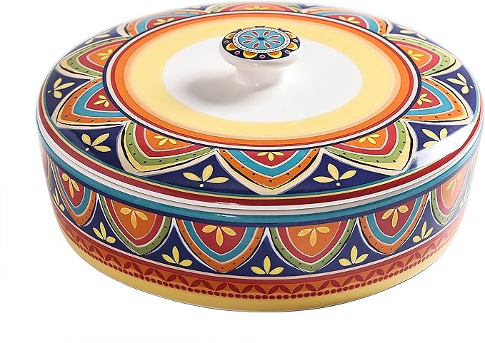 Bico Tunisian Ceramic Tortilla Warmer, 8.9 Inch Tortilla Holder with Lid for Taco Bread Pancake for Mexican Night and Party, Microwave and Dishwasher Safe