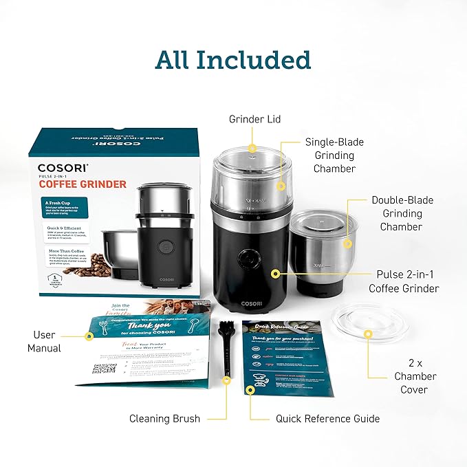 COSORI Electric Coffee Grinders for Spices, Seeds, Herbs, and Coffee Beans, Spice Blender and Espresso Grinder, Wet and Dry Grinder, Included 2 Removable Stainless Steel Bowls, Black