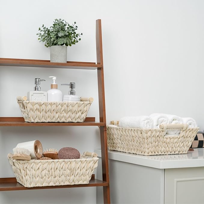 GRANNY SAYS 2-Pack Wicker Storage Baskets, Storage Baskets for Shelves, Trapezoid Wicker Baskets with Handles, Waterproof Woven Baskets for Organizing, Butter Milk