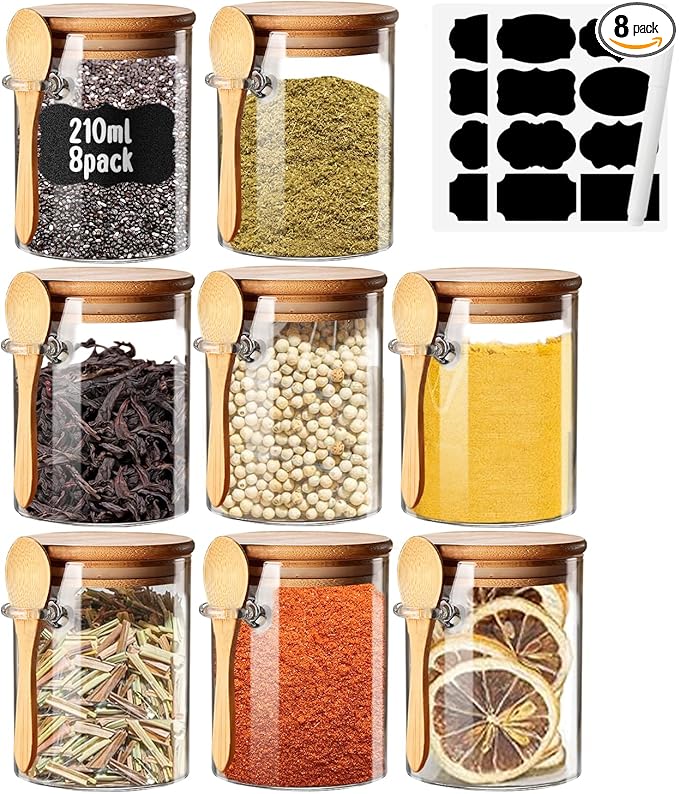 Spice Jars with Label 7oz Glass Storage Containers with Lids and Spoon Small Glass Jars for Overnight Oats Cereal Containers Storage Meal Prep Jars for Sugar Yogurt Chia Pudding Salt Candy 8pcs
