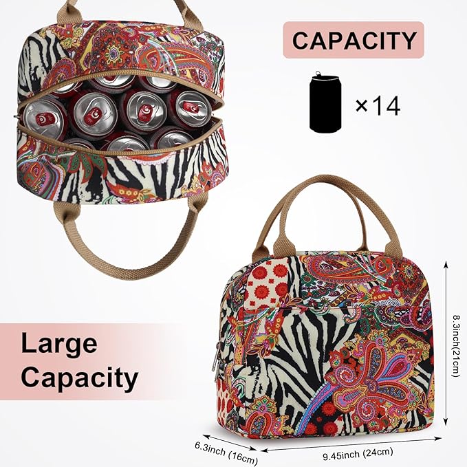 EurCross Aesthetic Lunch Box Bag for Women Daily Use,Boho Stylish Elegant Canvas Insulated Adult Lunch Bento Box Tote Bag