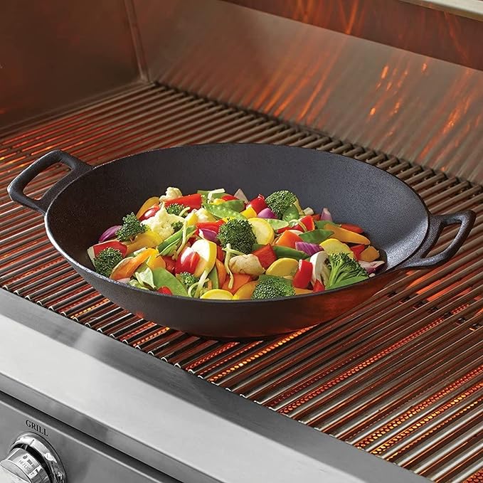 Jim Beam 12'' Pre Seasoned Heavy Duty Construction Cast Iron Grilling Wok, Griddle and Stir Fry Pan