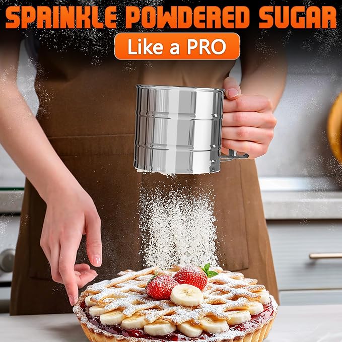Flour Sifter for Baking – 3 Cup Flour Sifter Stainless Steel with Dual-Blade, Ergonomic Handle, Reinforced Base, Rust-Resistant and Easy to Wash – For Powdered Sugar, Cocoa, and Daily Baking Tasks