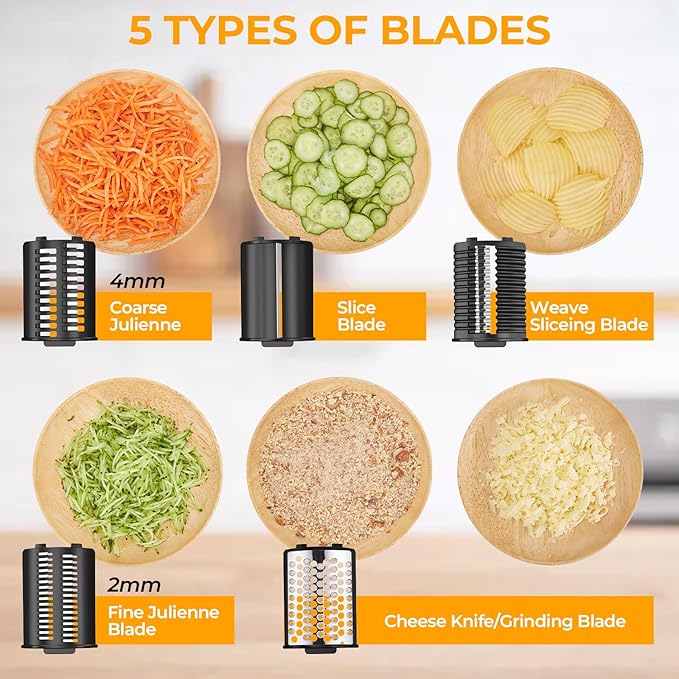 FITNATE Electric Cheese Grater, 250W Electric Slicer Shredder Salad Maker with 5 Replaceable Stainless Blades, Kitchen Chopper Vegetable Cutter for Cheese, Fruits, Vegetables